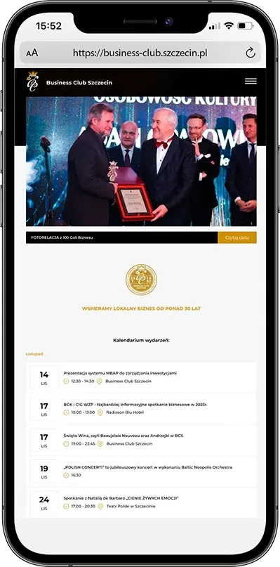 Business Club Szczecin - Podgląd projektu na telefonie